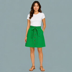 Boden Size 16/18 Green Summerson Button Front Down Tie Belt A Line Linen Skirt